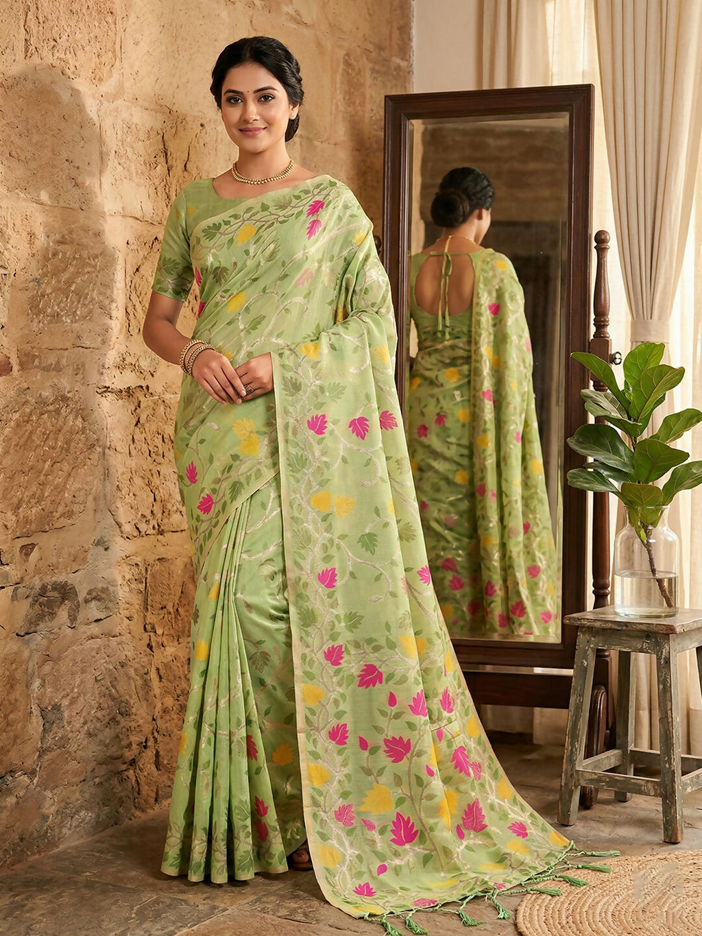 Shree Shyam Fashion Green Linen Cotton Saree | Grocsy