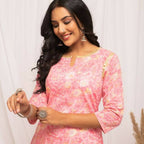 FIORRA Women's Floral Printed Peach Cotton Straight Kurta | Grocsy