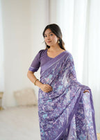 PR Fashion Lavender Bright Moss Satin Patta Printed Saree | Grocsy