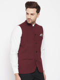Even Apparels Maroon Merino Men's Nehru Jacket-Contrast Lining-Inbuilt Pocket Square | Grocsy