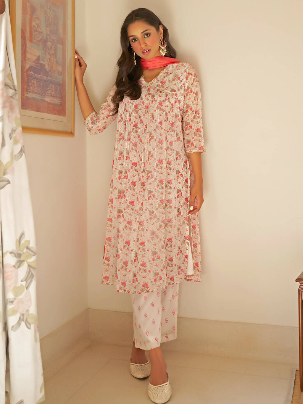 Janasya Women's White Chiffon Lurex Floral Printed Festive Straight Kurta Set | Grocsy