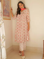 Janasya Women's White Chiffon Lurex Floral Printed Festive Straight Kurta Set | Grocsy