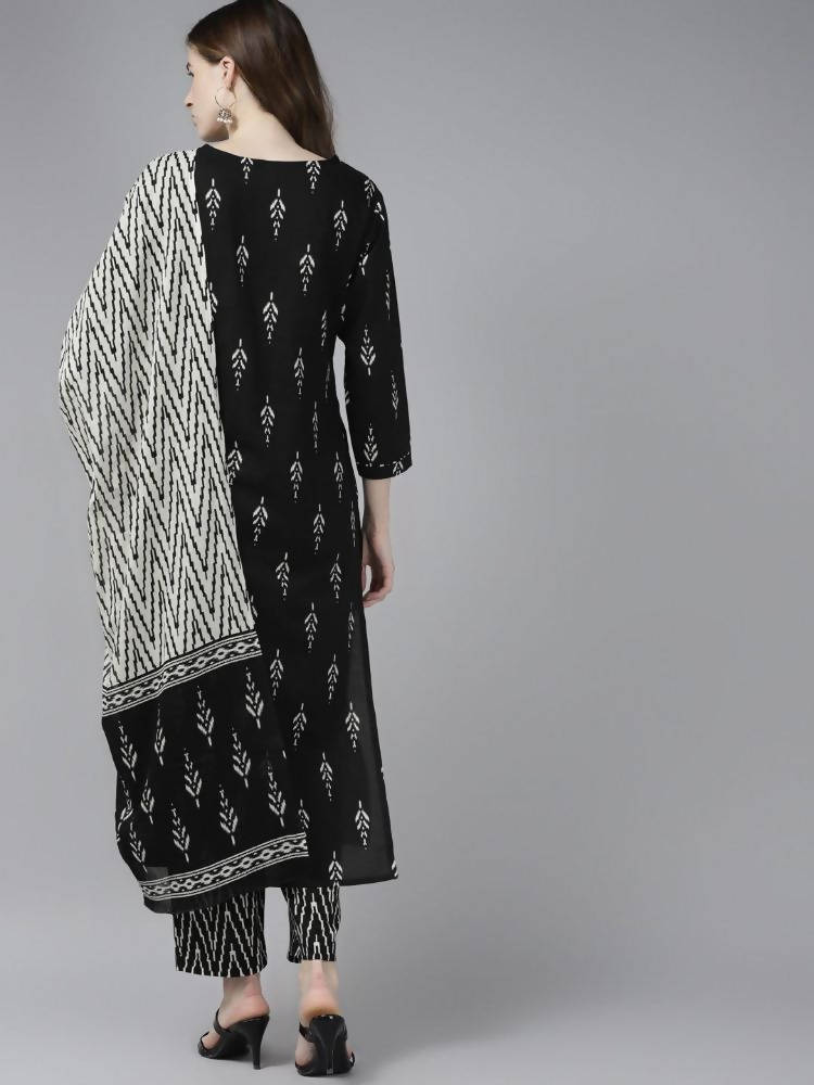 Yufta Women Black Ikat Printed Pure Cotton Kurta with Palazzo and Dupatta | Grocsy