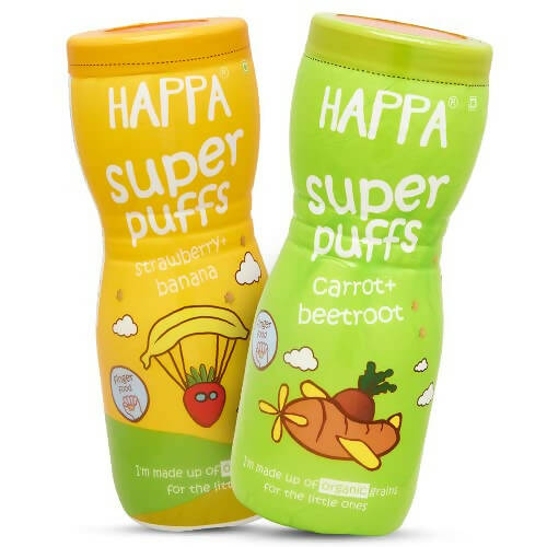 Happa Organic Multigrain Strawberry Banana & Carrot Beetroot Melts Super Puffs Combo (8 Months+) | Grocsy