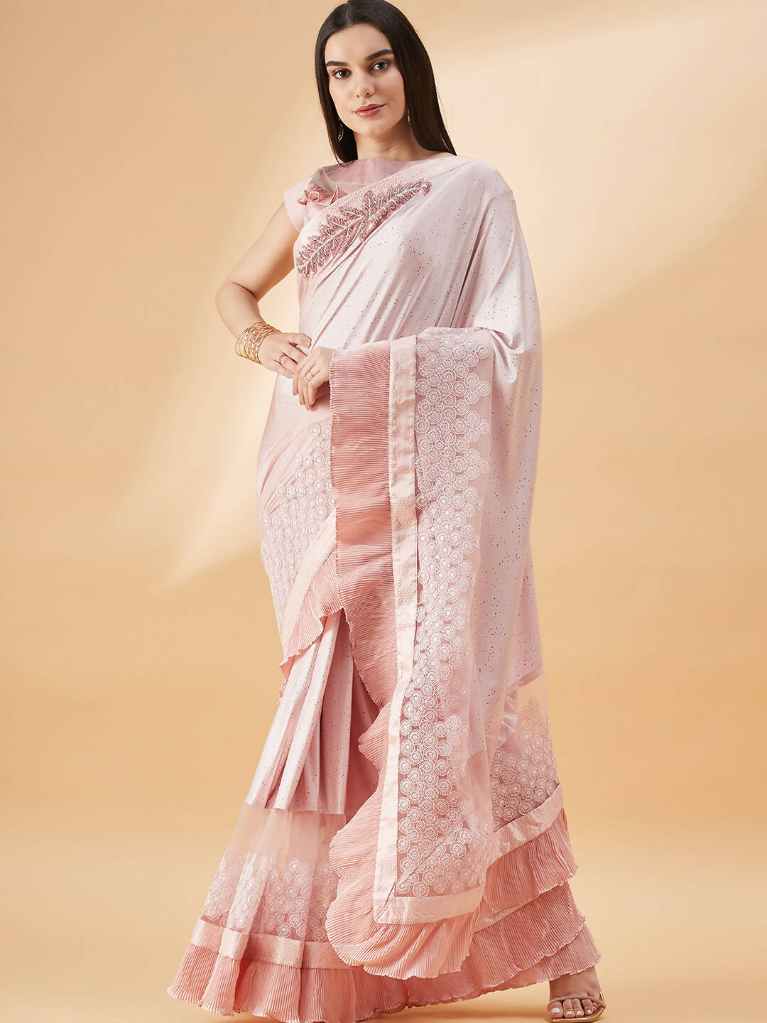 Pink Lycra Frill Details, Hand Embroidered Brooch Saree - Norita Hit Design | Grocsy
