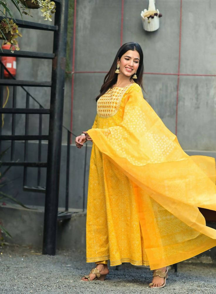 Yufta Women Mustard Handblock Printed Kurta with Trouser & Dupatta | Grocsy