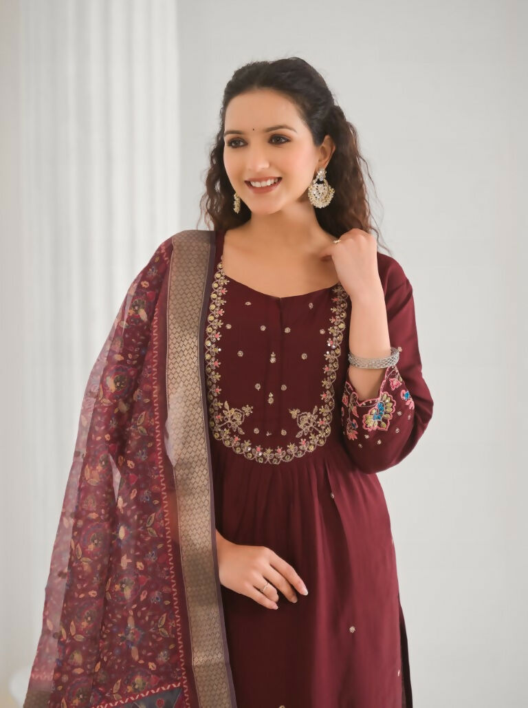Festive Ethnic Viscose Chanderi Maroon Stitched Suit With Dupatta - Rashmika | Grocsy