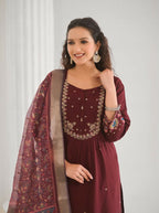 Festive Ethnic Viscose Chanderi Maroon Stitched Suit With Dupatta - Rashmika | Grocsy