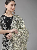 Yufta Black & Off-White Ethnic Screen Print Cotton Straight Kurta Palazzo & Dupatta | Grocsy