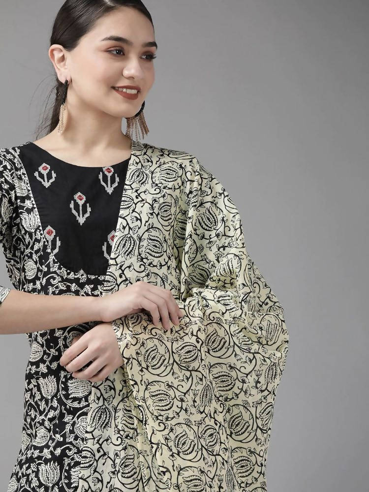 Yufta Black & Off-White Ethnic Screen Print Cotton Straight Kurta Palazzo & Dupatta | Grocsy