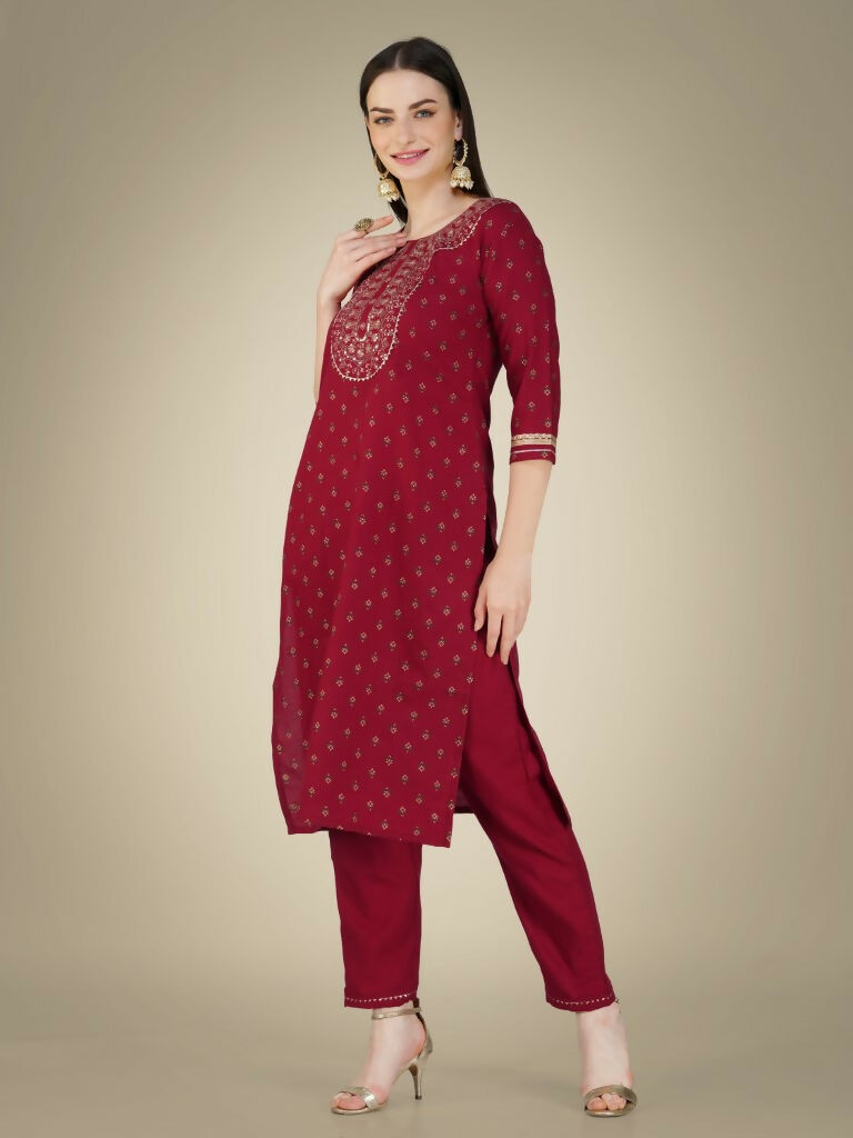 Jyoti Fashion Women's Maroon Cotton Magic Slub Embroidery & Sequence work Kurta with Trouser & Dupatta | Grocsy