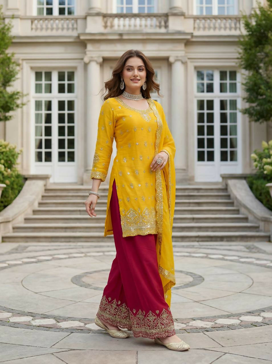 Joban Fashion Yellow Silk Embroidered Sharara Set | Grocsy
