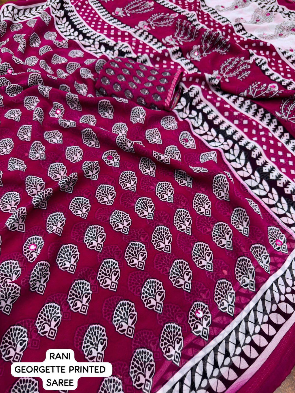 Rani Poly Georgette Ajrak Saree with Unstitched Blouse - Hiral Fashion | Grocsy