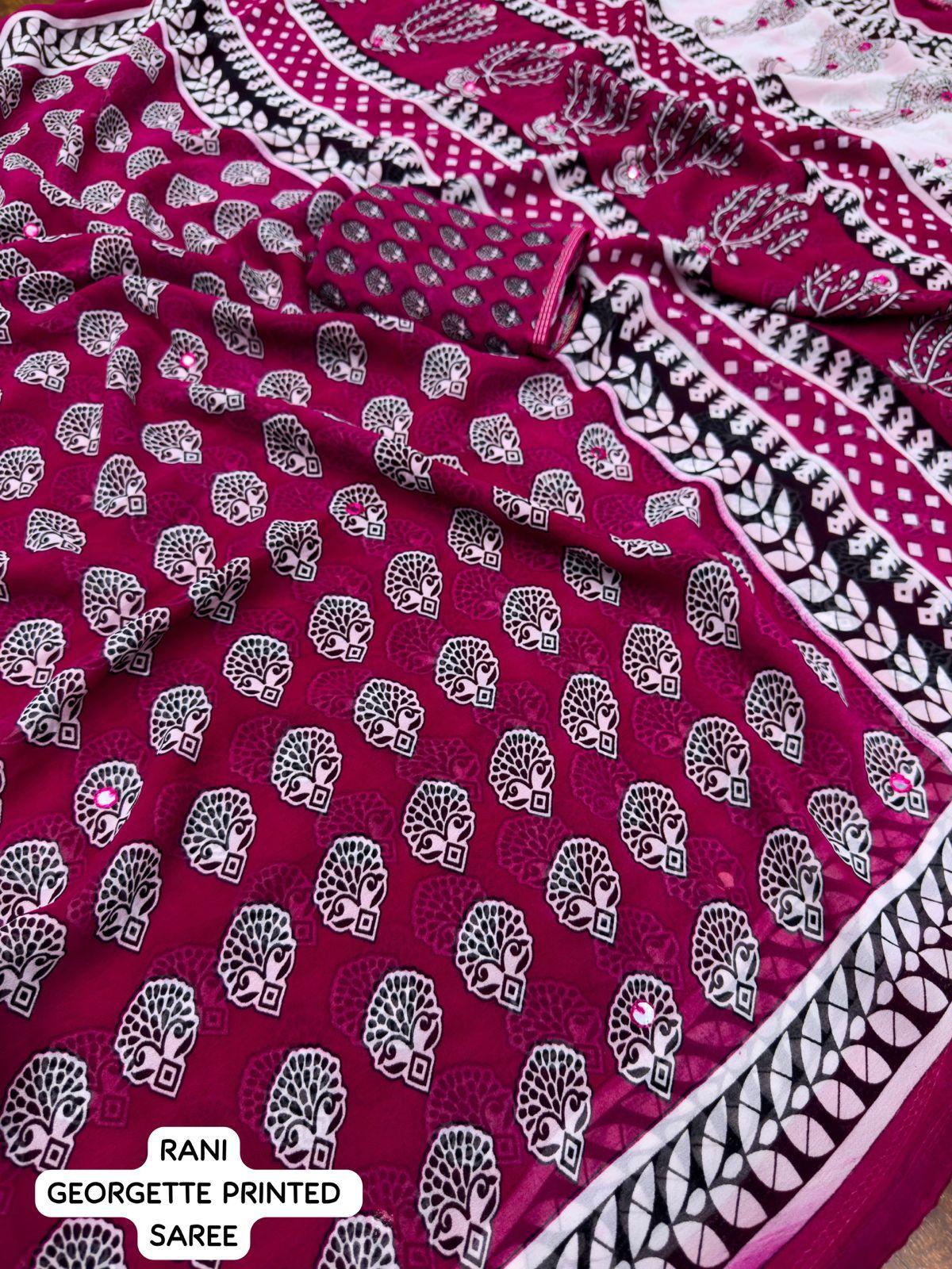 Rani Poly Georgette Ajrak Saree with Unstitched Blouse - Hiral Fashion | Grocsy