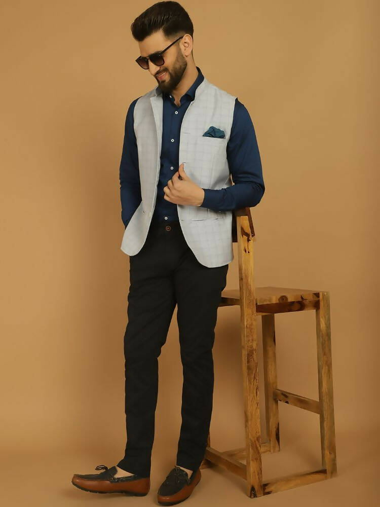 Even Apparels Nehru Jacket With Welt Pockets - Blue | Grocsy