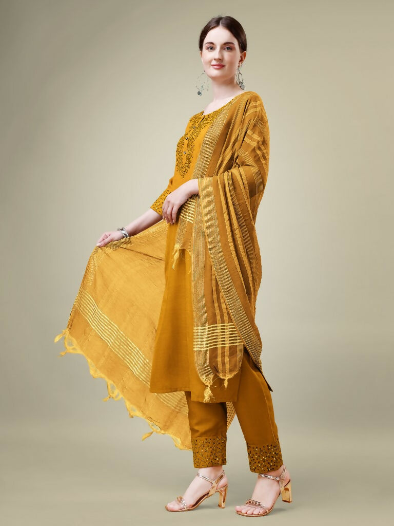 Jyoti Fashion Women's Mustard Cotton Blend Embroidery & Sequence work Kurta with Trouser & Dupatta | Grocsy