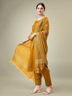 Jyoti Fashion Women's Mustard Cotton Blend Embroidery & Sequence work Kurta with Trouser & Dupatta | Grocsy