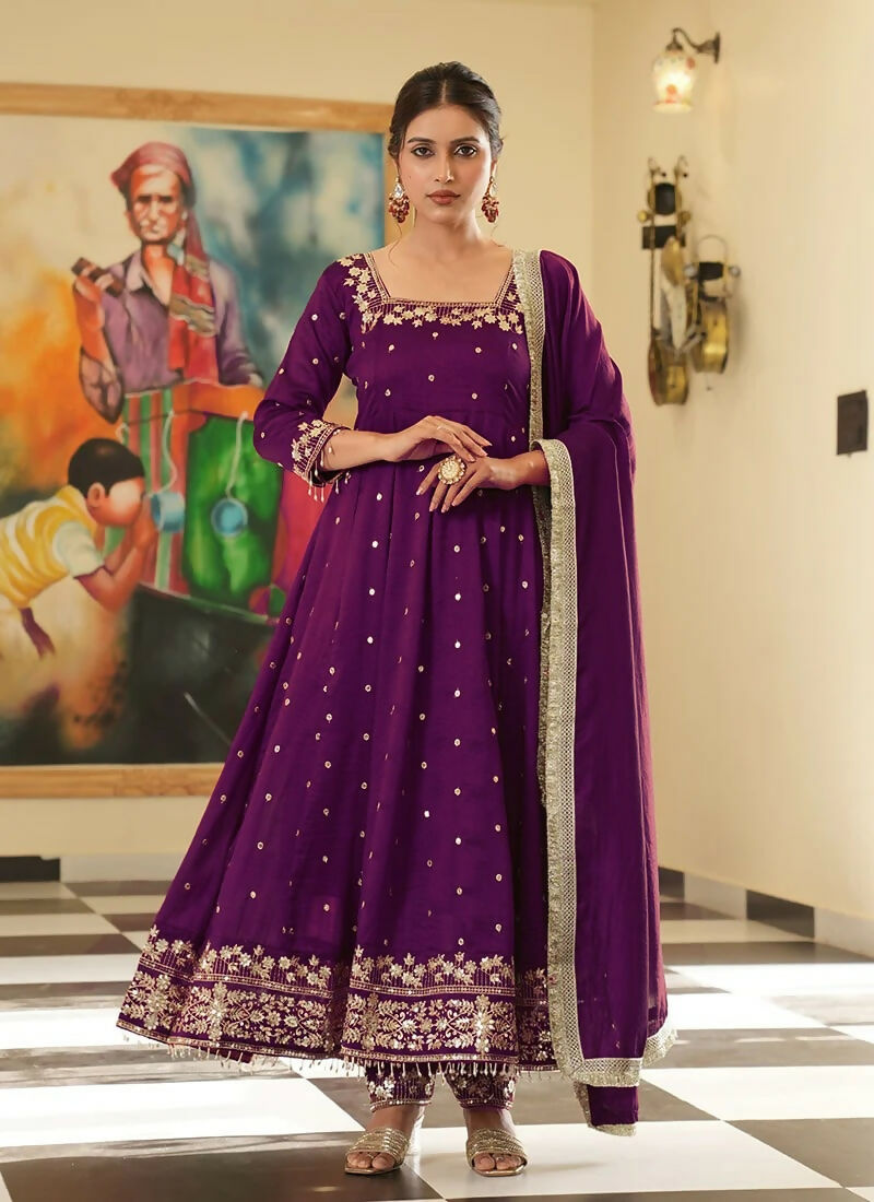Teeya Creation Wine Color Pure Vichitra Silk Embroidery Work Party Wear Gown | Grocsy