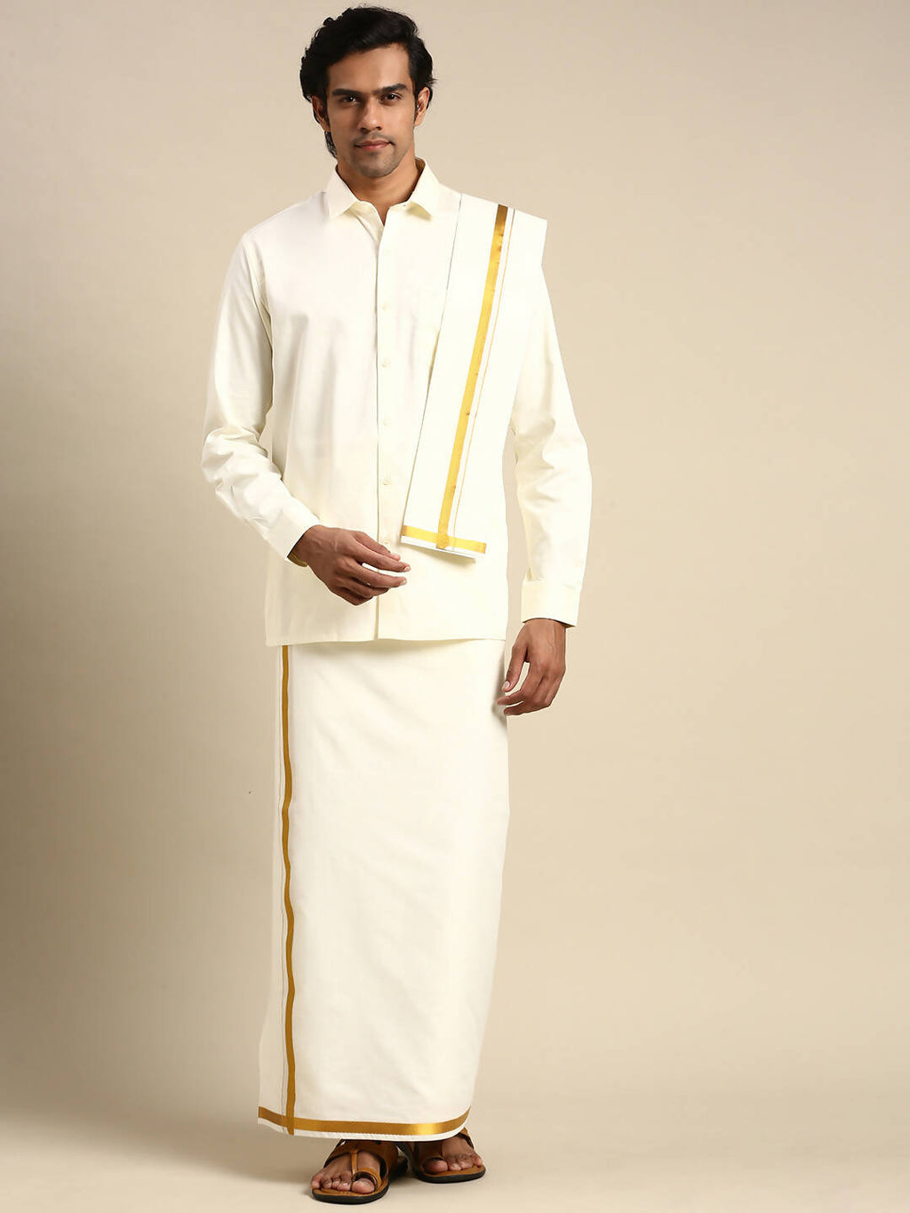 Ramraj Cotton Premium Wedding Cream Regular Dhoti, Shirt & Towel Set Arathi 3/4" | Grocsy