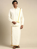 Ramraj Cotton Premium Wedding Cream Regular Dhoti, Shirt & Towel Set Arathi 3/4" | Grocsy