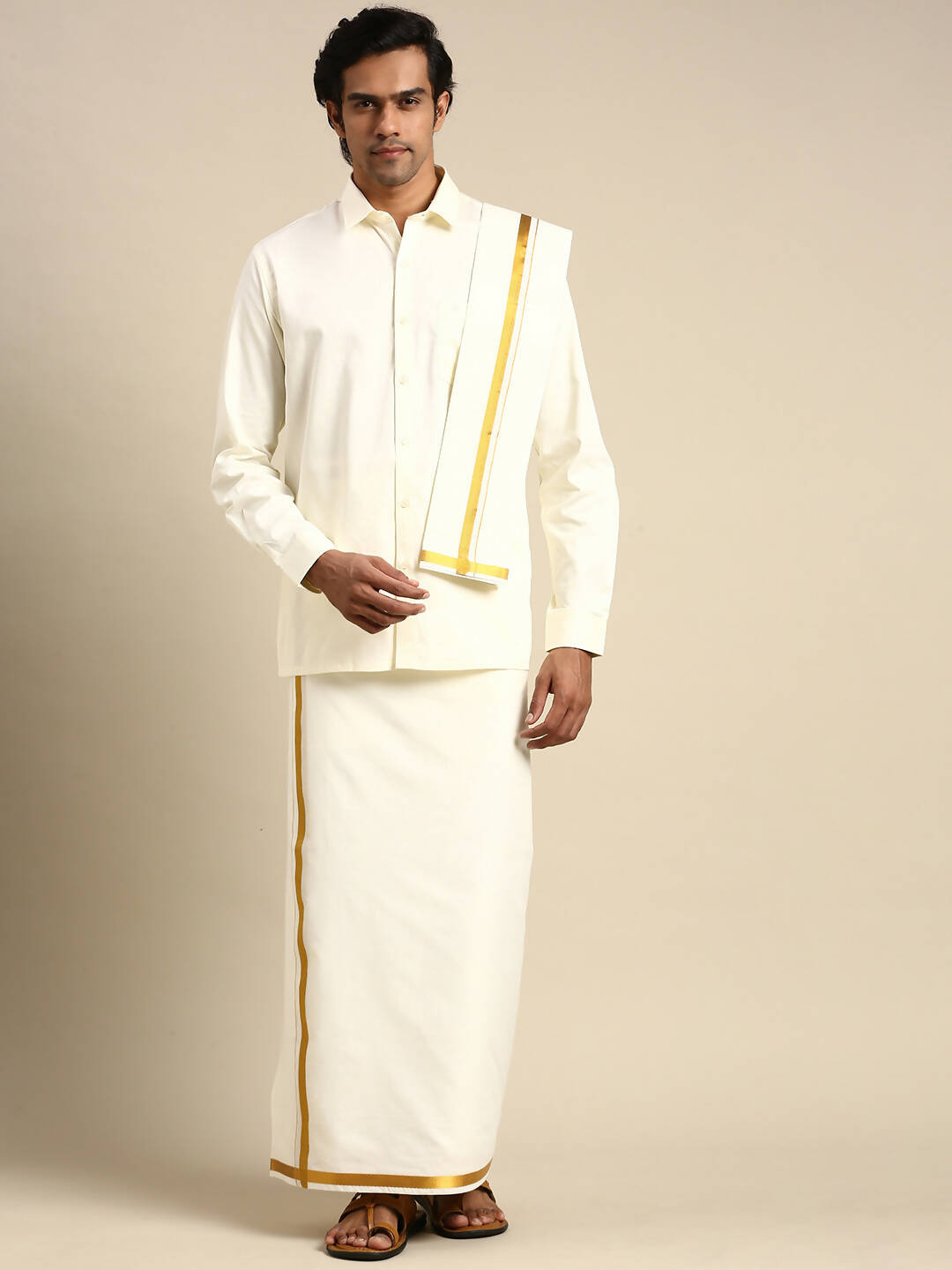 Ramraj Cotton Premium Wedding Cream Regular Dhoti, Shirt & Towel Set Arathi 3/4" | Grocsy