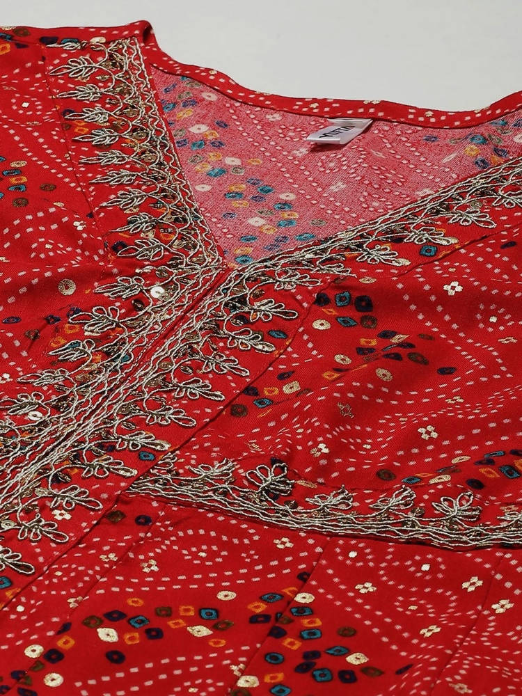 Yufta Women Red Bandhani Printed Kurta | Grocsy
