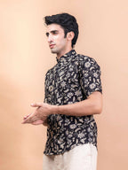 Miravan Men's Floral Printed Half Sleeve Spread Collar Ethnic Motifs Black Slim Fit Shirt | Grocsy