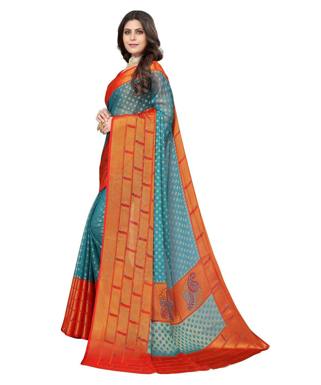 Vamika Sky Blue Chiffon Brasso Bollywood Style Woven Saree (DIMPLE SKY BLUE) | Grocsy