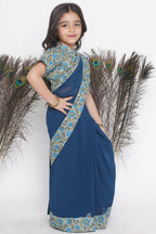 Little Bansi Floral Print Ready To Wear Saree And Floral Blouse - Blue | Grocsy