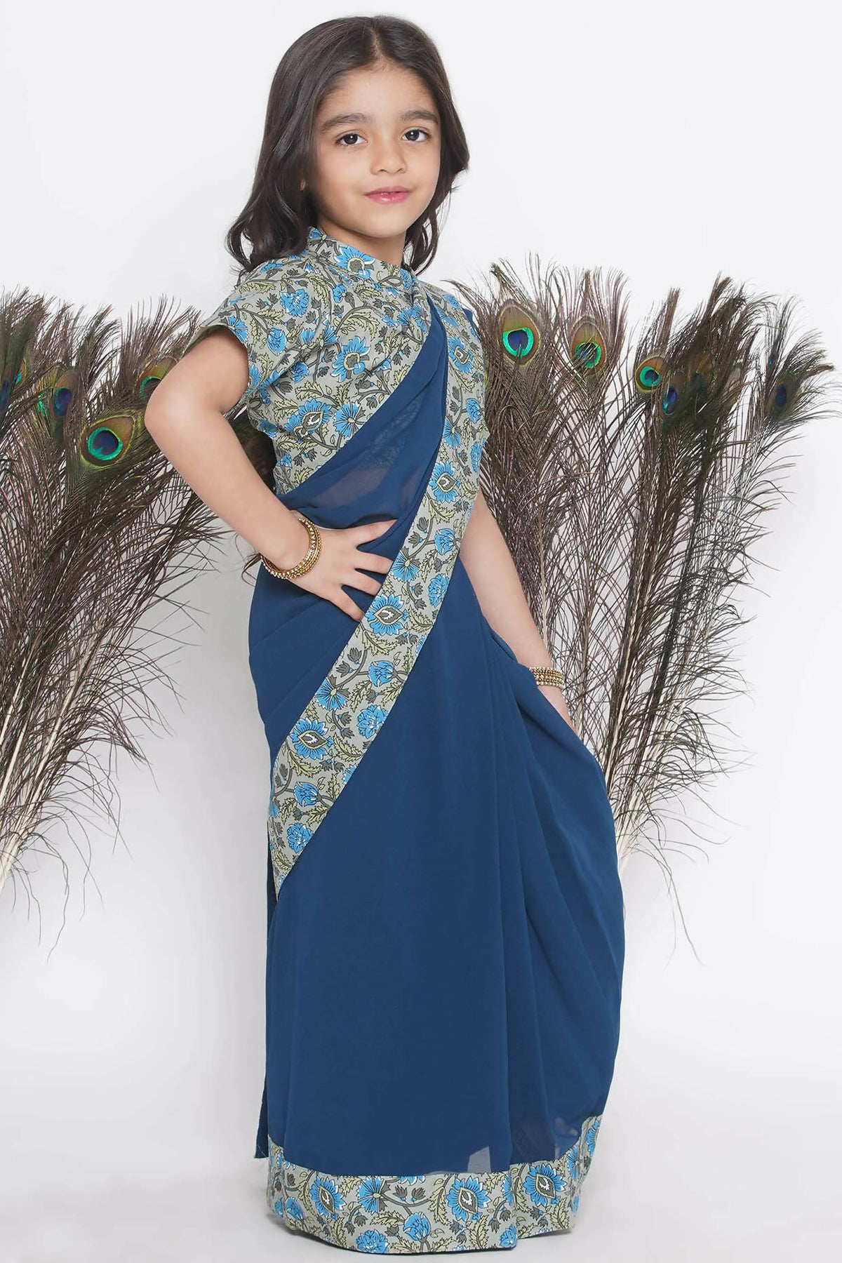 Little Bansi Floral Print Ready To Wear Saree And Floral Blouse - Blue | Grocsy