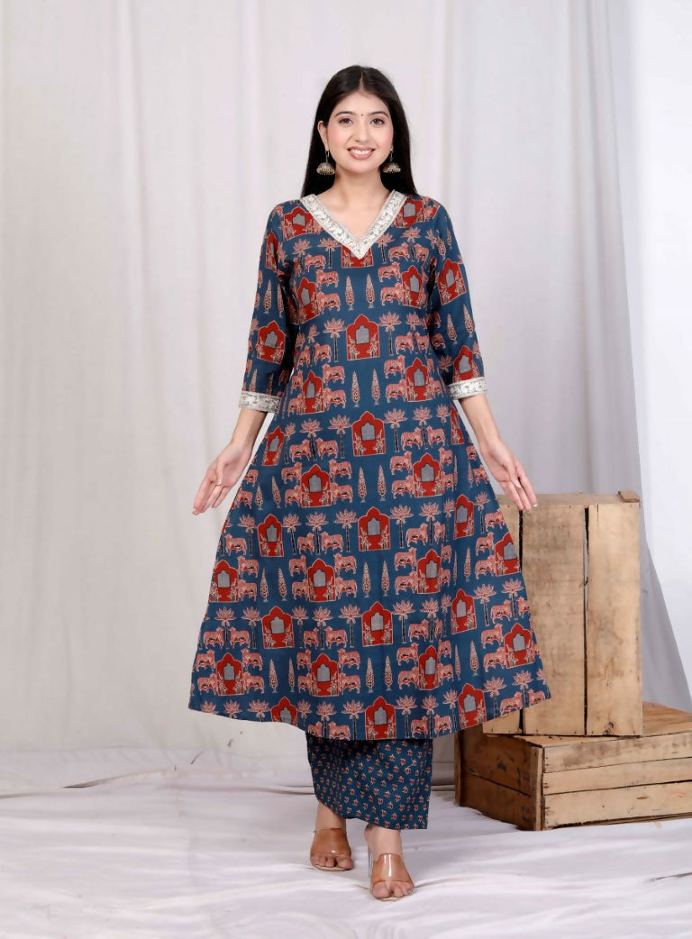 Miravan Women's Blue Pure Cotton Animal Printed Zari Lace Work Anarkali Kurta And Palazzo Set | Grocsy
