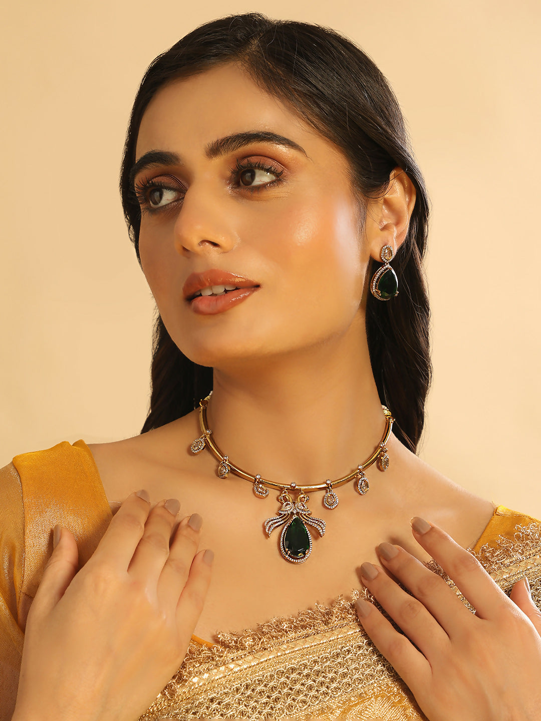 Nuyug 18K Gold Plated Pear Drop Emerald Edge Necklace Set | Grocsy