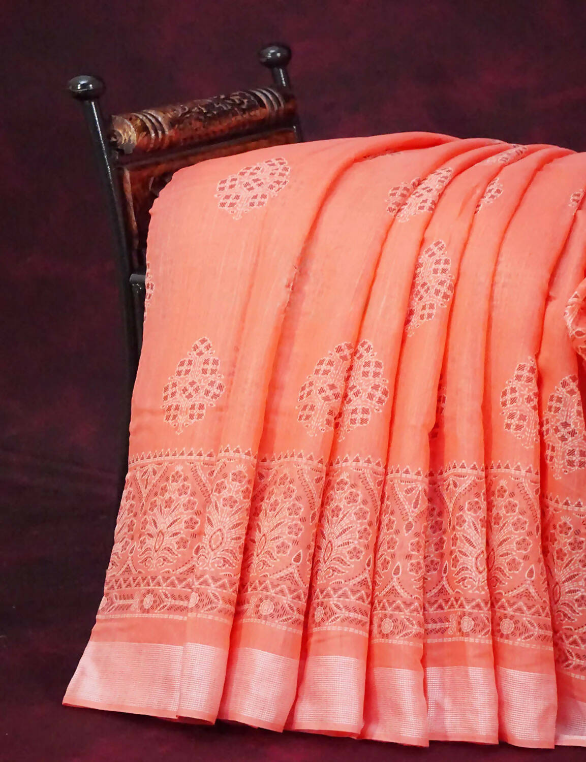 Peachish Orange Block Printed Semi Chanderi Saree By Gayathri Reddy Designer Studio | Grocsy