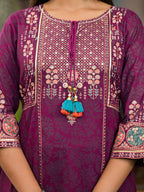 Juniper Women's Plum Floral Printed Liva Rayon Kurta Pant And Dupatta Set With Thread Work Gota Patti & Beads | Grocsy