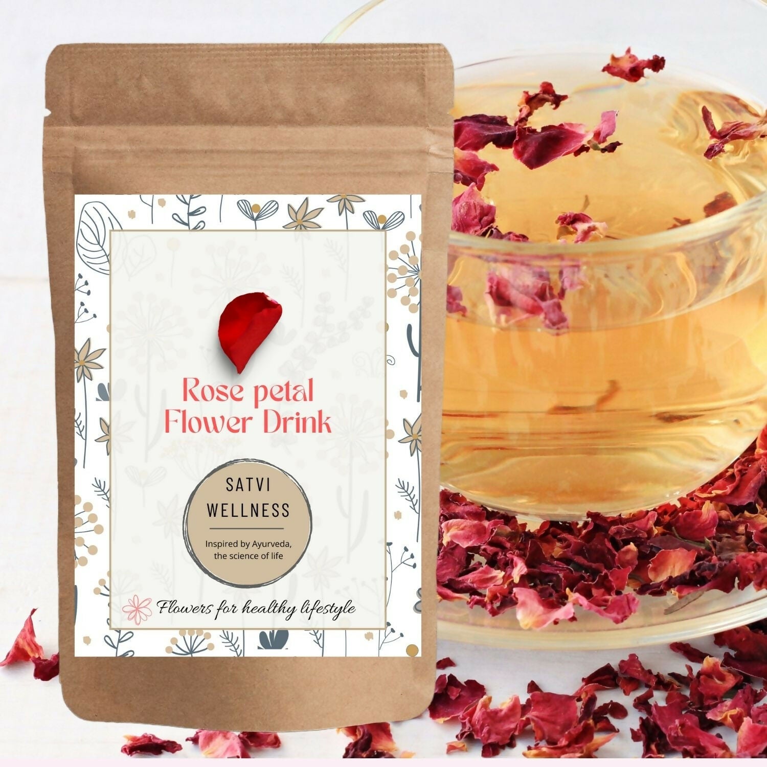 Satvi Wellness Rose Petal Flower Tea | Rose Petal Tea | Rose Flower Drink Mix | Herbal Tea | Grocsy