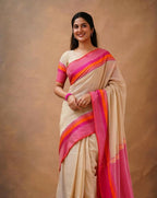 Exclusive Collection Beige Beautiful Khadi Cotton Handloom Saree | Grocsy