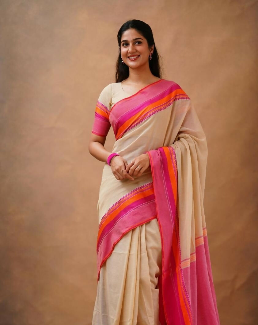 Exclusive Collection Beige Beautiful Khadi Cotton Handloom Saree | Grocsy