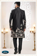 Joban Fashion Men's Black Straight Malai Silk Thread And Sequence Embroidery All Over 3 Pc Kurta Set | Grocsy