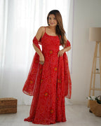 The52 Women's Beautiful Printed Chiffon Bandhej Fabric Flared Anarkali Pant and Dupatta Set | Grocsy