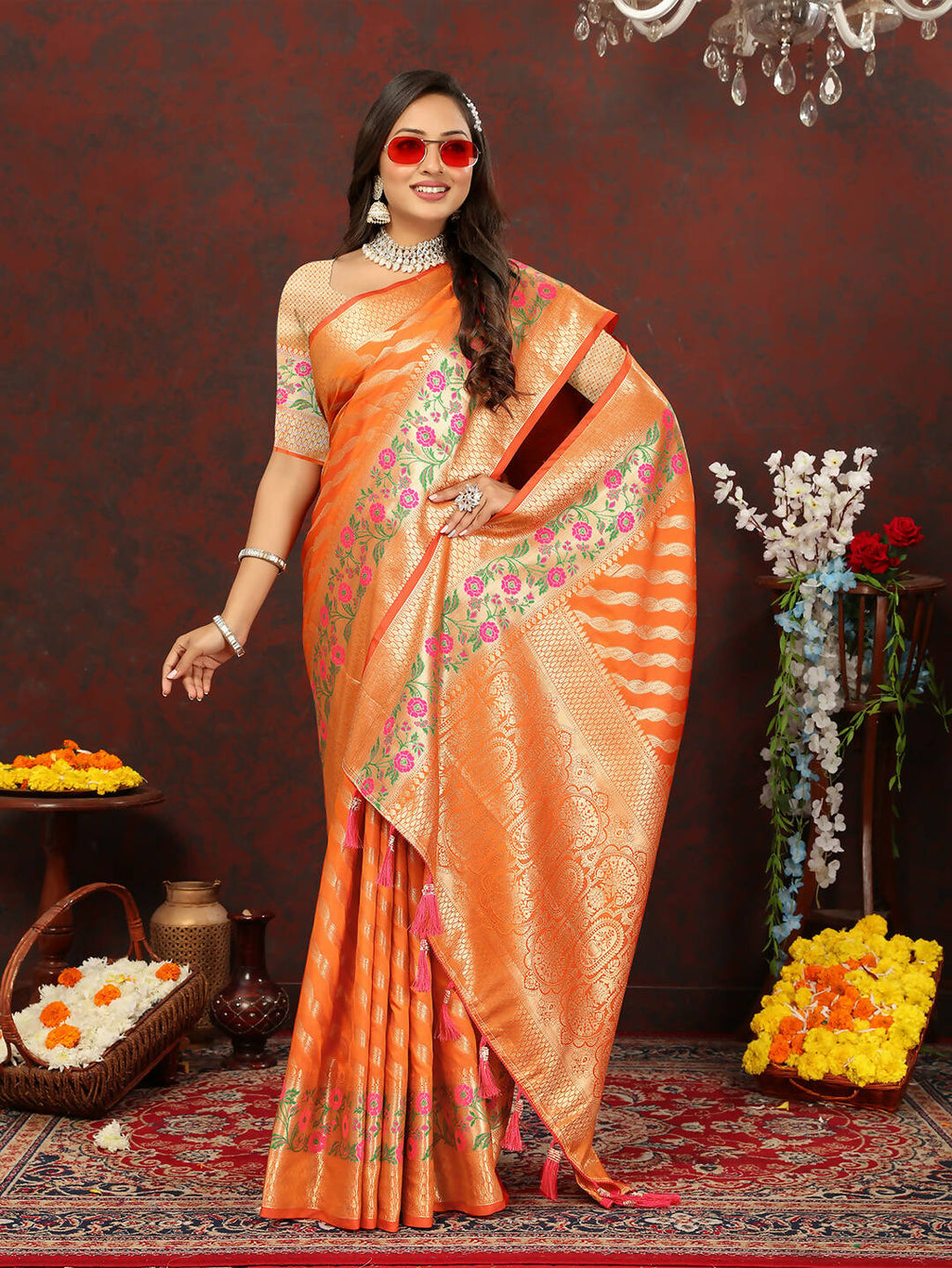 Lorenvalley Fashion Orange Soft Silk Woven Design with Zari Weaving Leheriya Design Saree | Grocsy