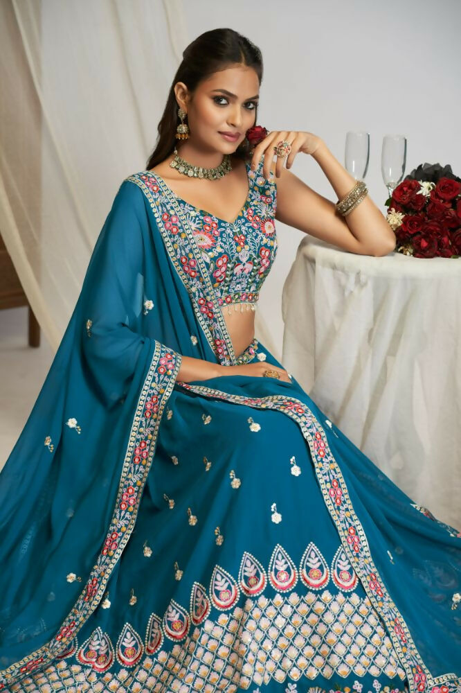 White Multicolor Thread Sequence Embroidery Work Georgette Lehenga Choli Set - Jihu Culture | Grocsy
