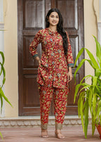 Kaajh Women's Maroon Floral Printed Viscose Rayon Kurta Pant Set | Grocsy