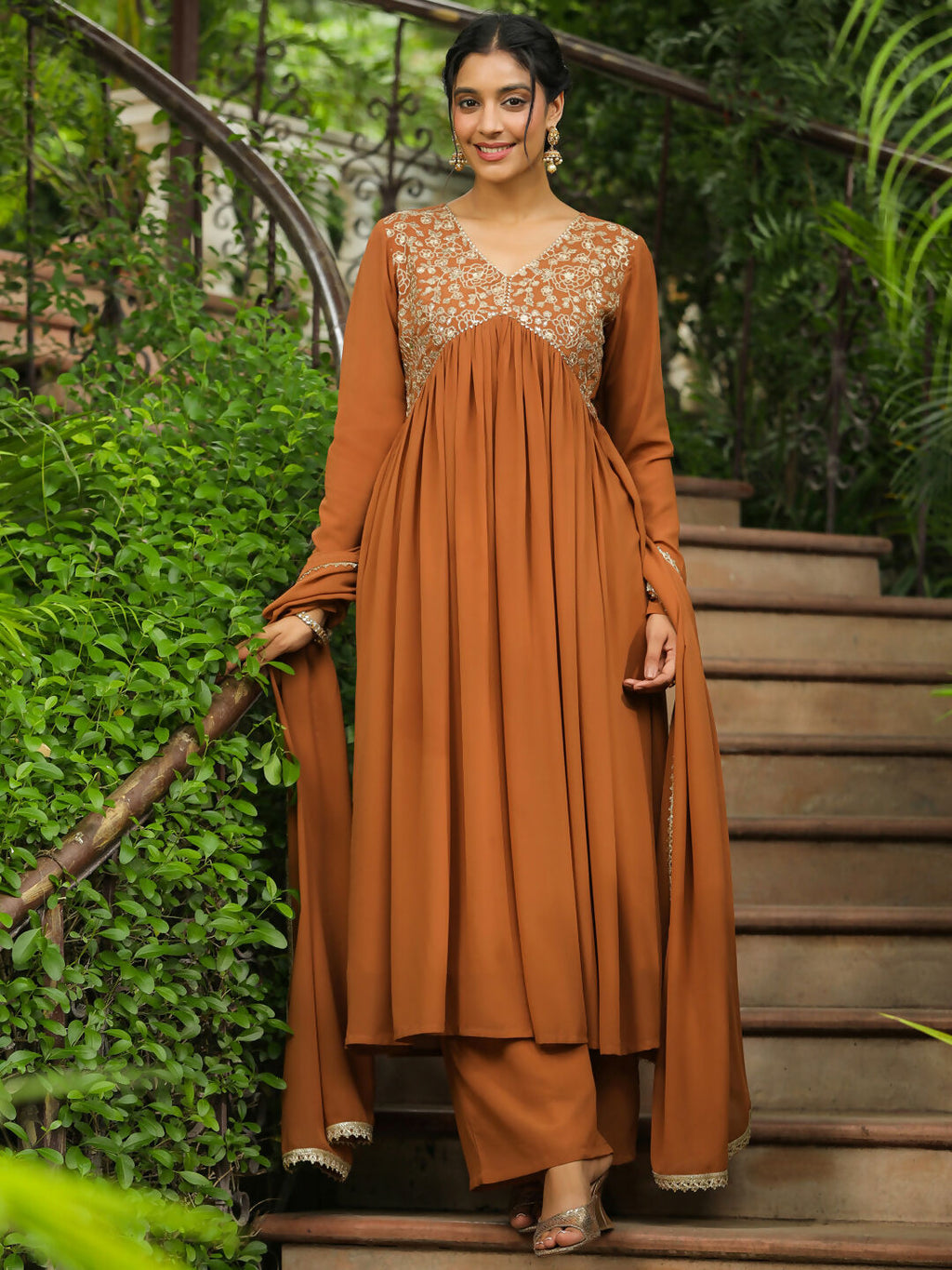 Janasya Brown Georgette Yoke Embroidery Kurta,Bottom & Dupatta | Grocsy
