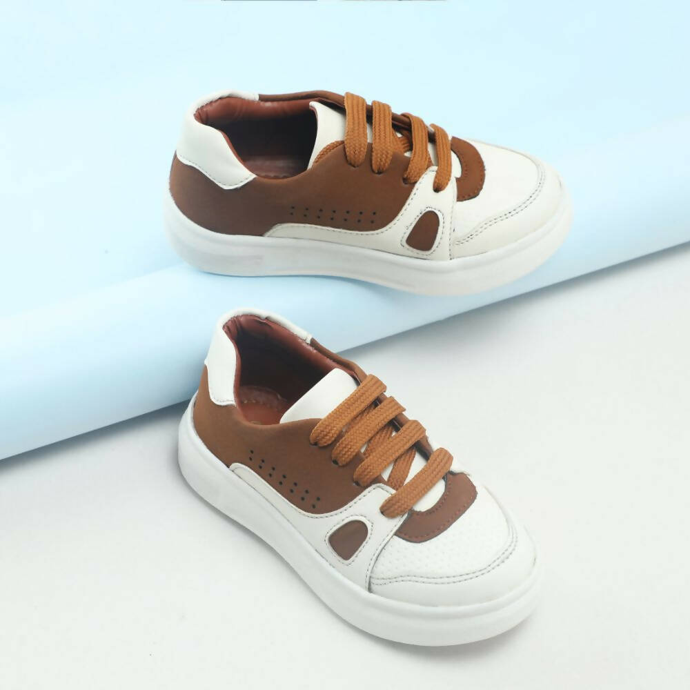 Tiny Bugs Boys Lace Up Casual Shoes - White & Brown | Grocsy