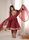 Teeya Creation New Women's Maroon Designer Peplum Kurti with Dhoti Salwar and Multicolor Embroidered Border | Grocsy