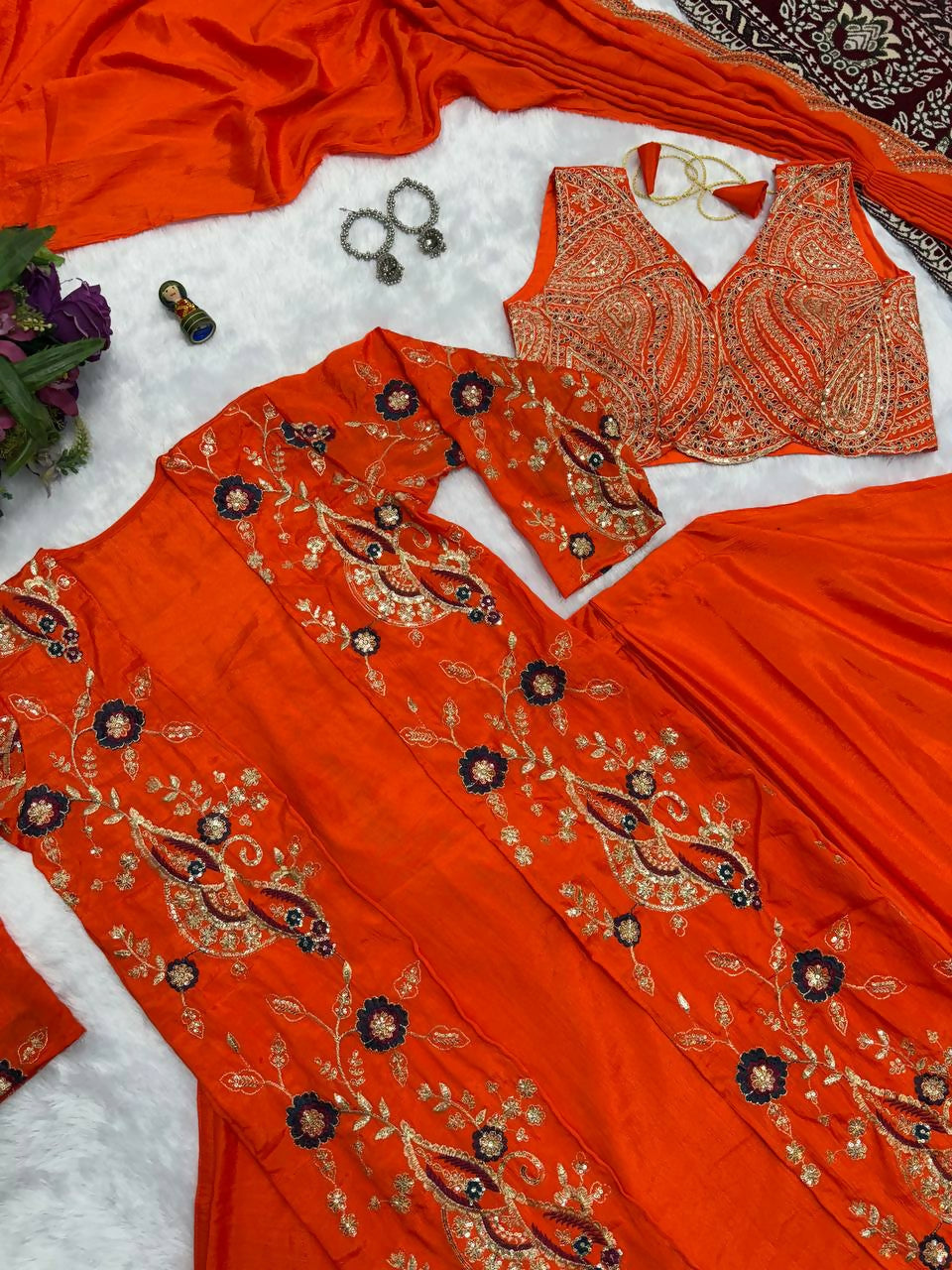 Teeya Creation Orange Color Chinon Silk Designer Embroidery Work Ready To Wear Saree With Koti | Grocsy