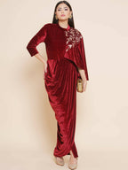 Women Republic Maroon Velvet Drape Styel Gown | Grocsy