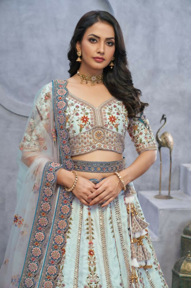 Kesar Fab Blue Silk Embroidered Lehenga | Grocsy