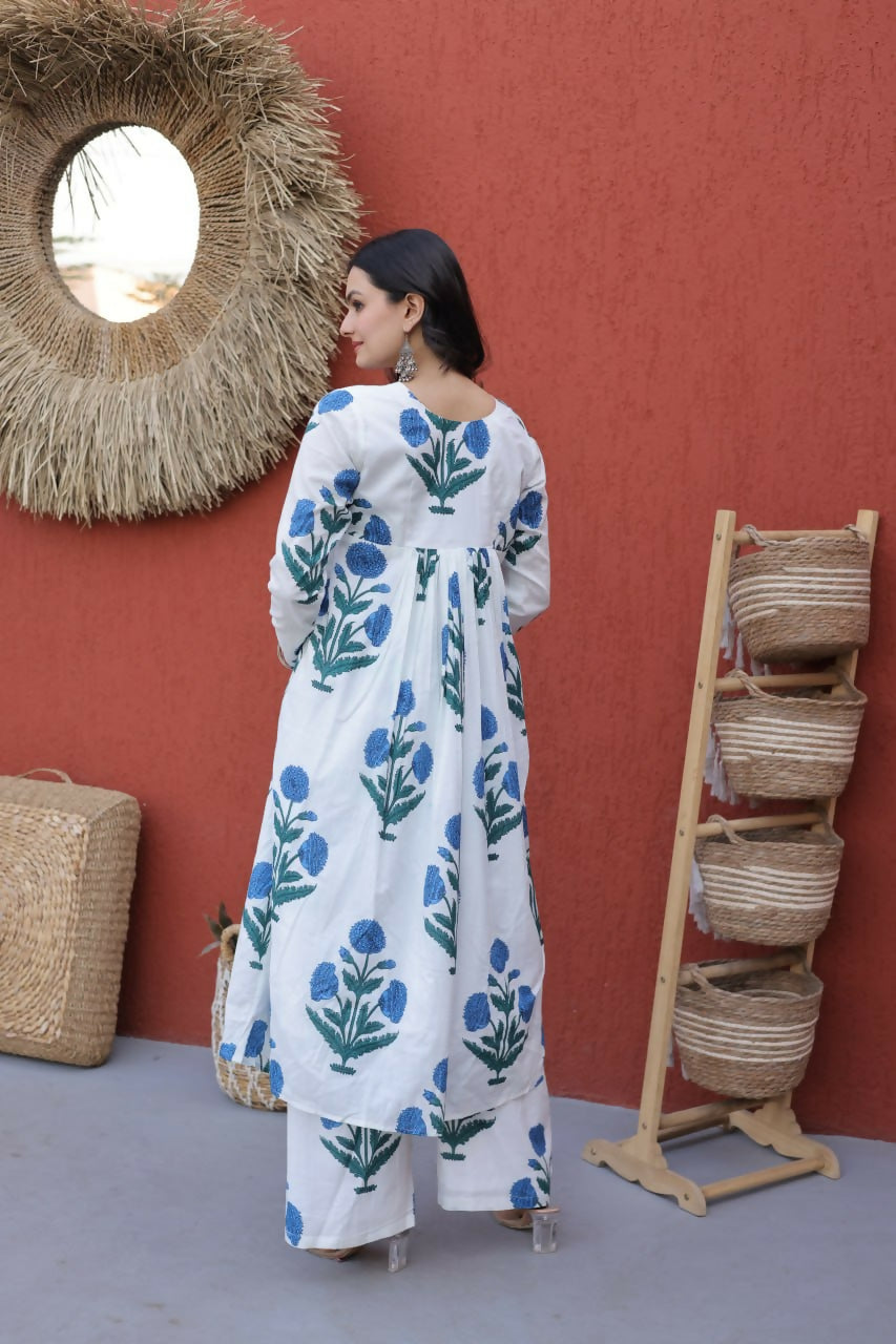 Teeya Creation Womens New Trendy Summer War Printed Cotton Gown Set-Blue | Grocsy
