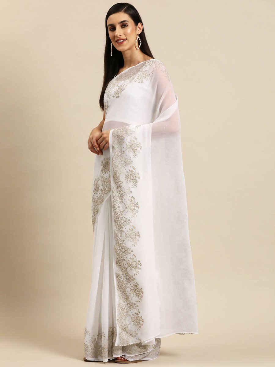 Ahalyaa Women's Traditional Semi Stitch Saree - White | Grocsy